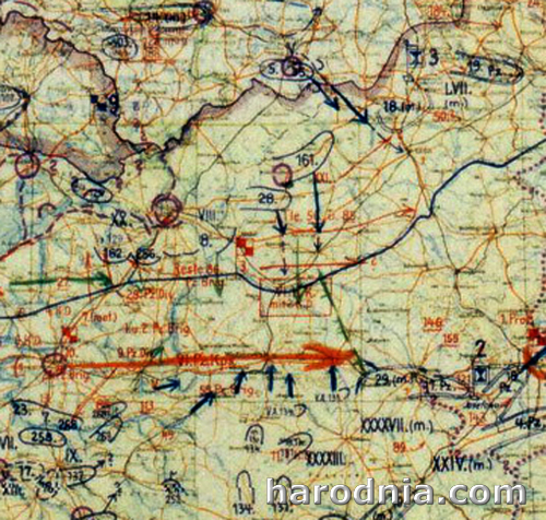 25 чэрвеня 1941г. фрагмент нямецкай карты.становішча на фронце. Гродна абведзены кругам