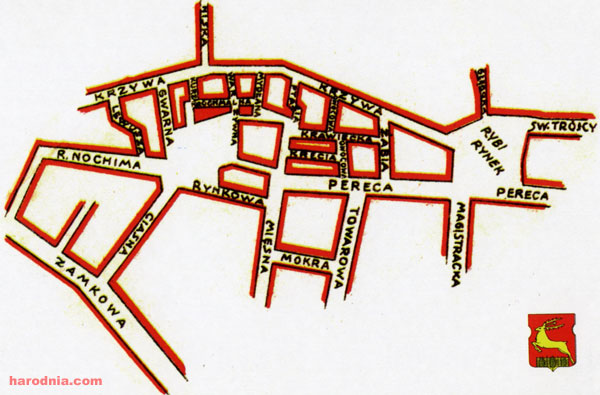 Карта раёна сучаснай вуліцы Вялікая Траецкая ў 1937 г., ад вялізарнага квартала паміж харальнай сінагогай і Рыбным рынкам сёння засталося толькі некалькі дамоў