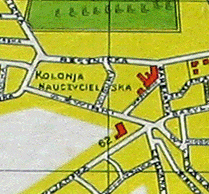 Фрагмент карты Гродна 1937 года з раёнам сучасных вуліц Чкалава-Асіпенкі-Лермантава - так званая Настаўніцкая калонія